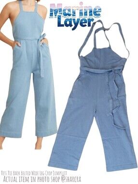 Marine Layer Women Tess Tie Back Belted Wide Leg Crop Jumpsuit Light indigo 0